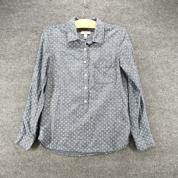 J. Crew Women's Chambray Popover Shirt Blue 00 Long Sleeve Circle Print Cotton - Picture 2 of 13